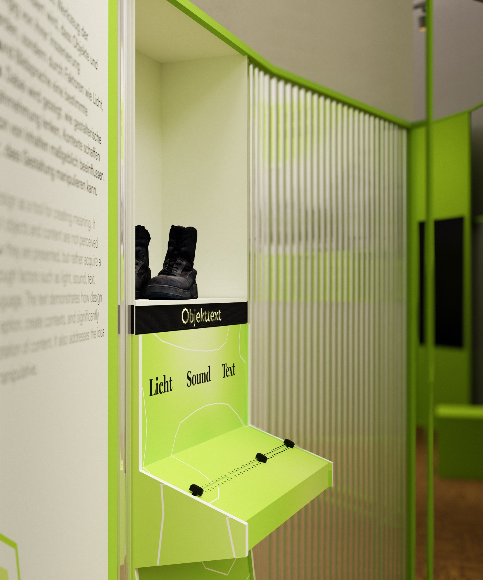 Close-up of the station where visitors change light, sound and label of a pair of boots